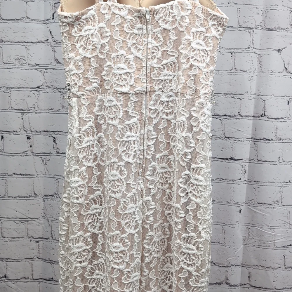 Long Lace Dress with Cutaway Bodice and Slit Skirt - Picture 6 of 14